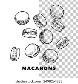 Vector dibujado a mano de coloridos macarrones. Dulces franceses con sabores de vainilla, chocolate, café, caramelo. Fácil de editar y utilizar los recursos de alimentos de Vector. Contorno negro, sin relleno, con detalles finos. 