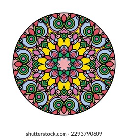 Mandala colorida dibujada a mano por vectores. Elementos decorativos. Patrón colorido e ilustración vectorial. página del libro de coloreado