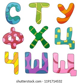 Vector hand drawn colorful russian cyrillic alphabet on white background. Doodle font. Children abc