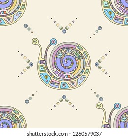 Vector hand drawn colorful seamless pattern, illustration of snail with decorative geometrical elements, lines, dots. Line drawing. Graphic artistic design.