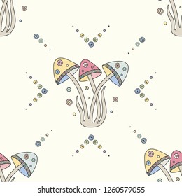 Vector hand drawn colorful seamless pattern, illustration of mushrooms with decorative geometrical elements, lines, dots. Line drawing. Graphic artistic design.