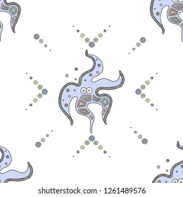 Vector hand drawn colorful seamless pattern, illustration of starfish with decorative geometrical elements, lines, dots. Line drawing. Graphic artistic design.