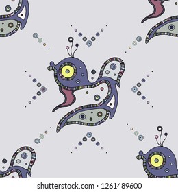 Vector hand drawn colorful seamless pattern, illustration of fish with decorative geometrical elements, lines, dots. Line drawing. Graphic artistic design.