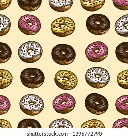 Vector hand drawn colorful seamless pattern of donuts in the engraving style.