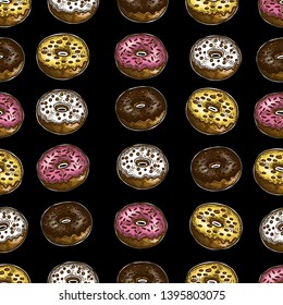 Vector hand drawn colorful seamless pattern of donuts in the engraving style on black background.