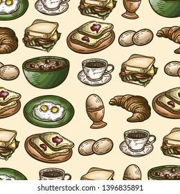 Vector hand drawn colorful seamless pattern for breakfast. Eggs, toasts, cheese, coffee, croissant, sandwich and porridge in the engraving vintage style.