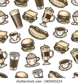 Vector hand drawn colorful seamless pattern of latte, cappuccino, burger, hamburger, hotdog, frappe, espresso americano and americano in cup for take away isolated on white background.
