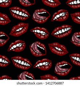 Vector hand drawn colorful seamless pattern of lips and mouths in the engraving style isolated on black.