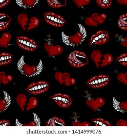 Dibujo a mano vectora de colorido y transparente patrón de corazones y labios de arte pop.Corazón brocado, dos corazones con flecha, corazón con alas y corazón perforado por la espada, labios y boca sobre fondo negro.