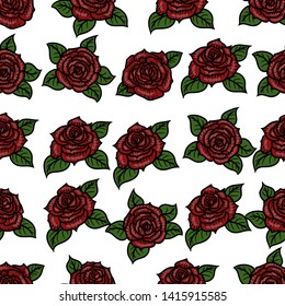 Vector hand drawn colorful seamless pattern of roses in the engraving style on white background.
