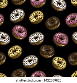Vector hand drawn colorful seamless pattern of donuts in the engraving style on black background.	