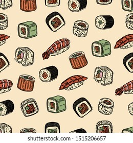 Vector hand drawn colorful seamless pattern of sushi.