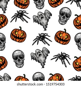 Vector hand drawn colorful seamless pattern of Halloween pumpkin, skull, ghost and spider in the engraving style isolated on white background.