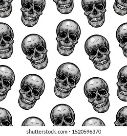 Vector hand drawn colorful seamless pattern of skull in the engraving style on white background.