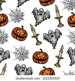 Vector hand drawn colorful seamless pattern of Halloween pumpkin, spiderweb, ghost and candlestick in the engraving style isolated on white background.