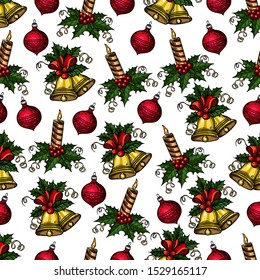 Vector hand drawn colorful seamless pattern of Christmas bells with viburnum decoration, and Christmas decorations on white background.