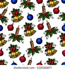 Vector hand drawn colorful seamless pattern of Christmas bells with viburnum decoration and Christmas decorations on white background.