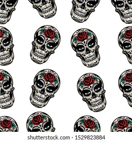 Vector hand drawn colorful seamless pattern of Day Of The Dead Skull. Skull sugar flower. Skull tattoo on white background.