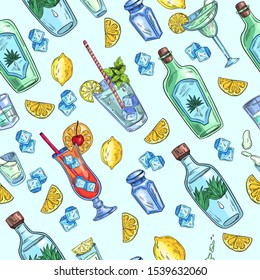 Vector de color sin costura con bebidas alcohólicas, cócteles tropicales, tequila mexicana y ron caribeño. Para ropa, menú, papel de envolver, tapicería, etc.