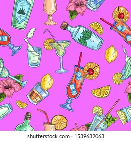 Vector hand drawn colorful seamless pattern with alcoholic beverages, tropical cocktails, Mexican tequila and Caribbean rum on pink background. For apparel, menu, wrapping paper, wallpaper.