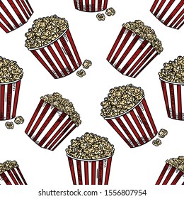 Vector hand drawn colorful seamless pattern of popcorn in the style of engraving and vintage.