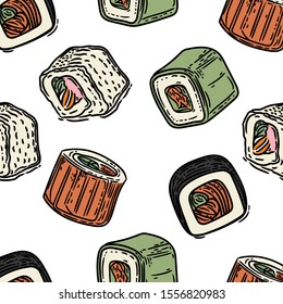 Vector hand drawn colorful seamless pattern of sushi.