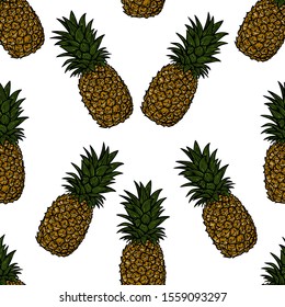 Vector hand drawn colorful seamless pattern of pineapple on white background.