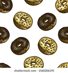 Vector hand drawn colorful seamless pattern of donuts in the engraving style.