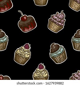 Vector hand drawn colorful seamless pattern of cupcakes on black background.