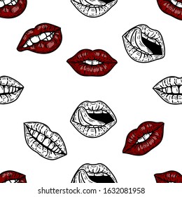 Vector hand drawn colorful seamless pattern of lips and mouths in the engraving style isolated on white.