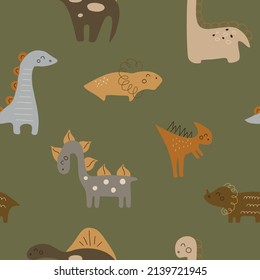 Vector hand drawn colorful seamless repeat childish pattern with cute dinosaurs on green background. Children's pattern with dinosaurs.
