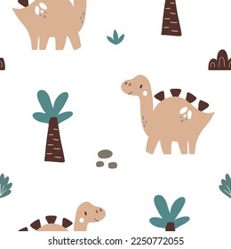 Vector hand drawn colorful seamless repeat baby pattern with cute dinosaurs and scandinavian style textures for nursery and textile decoration.