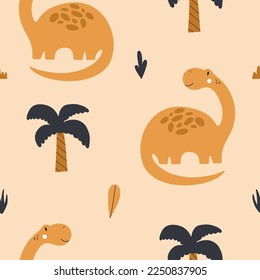 Patrón de bebé repetitivo, colorido y sin costura, dibujado a mano por vectores, con lindos dinosaurios y texturas de estilo escandinavo para la decoración textil y de vivero.