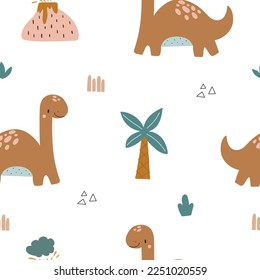 Vector hand drawn colorful seamless repeat baby pattern with cute dinosaurs and scandinavian style textures for nursery and textile decoration.