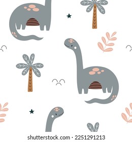 Vector hand drawn colorful seamless repeat baby pattern with cute dinosaurs and scandinavian style textures for nursery and textile decoration.