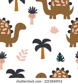 Patrón de bebé repetitivo, colorido y sin costura, dibujado a mano por vectores, con lindos dinosaurios y texturas de estilo escandinavo para la decoración textil y de vivero.