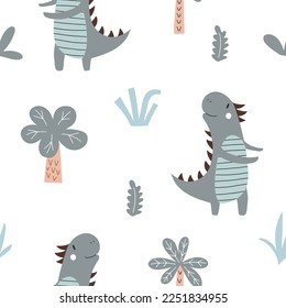 Vector hand drawn colorful seamless repeat baby pattern with cute dinosaurs and scandinavian style textures for nursery and textile decoration.