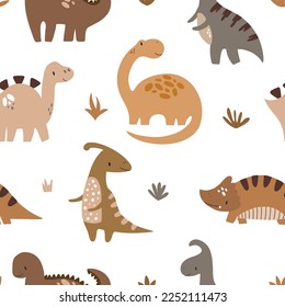 Vector hand drawn colorful seamless repeat baby pattern with cute dinosaurs and scandinavian style textures for nursery and textile decoration.