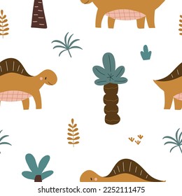 Vector hand drawn colorful seamless repeat baby pattern with cute dinosaurs and scandinavian style textures for nursery and textile decoration.