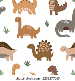 Vector hand drawn colorful seamless repeat baby pattern with cute dinosaurs and scandinavian style textures for nursery and textile decoration.