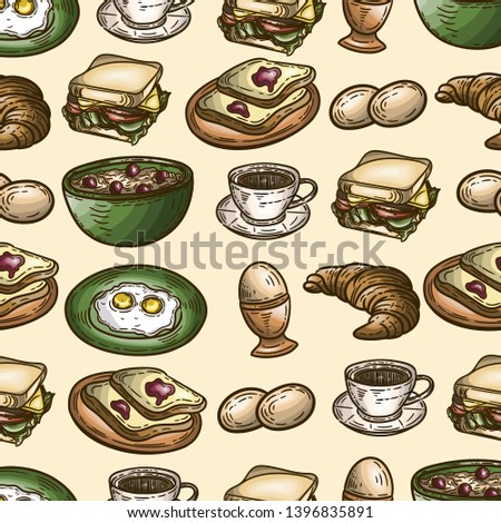 Vector hand drawn colorful seamless pattern for breakfast. Eggs, toasts, cheese, coffee, croissant, sandwich and porridge in the engraving vintage style.