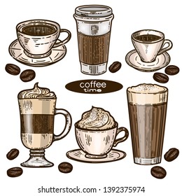 Vector hand drawn colorful set of coffee.Latte, cappuccino, frappe, espresso americano, coffee beans and americano in cup for take away in the engraving vintage style on white background.
