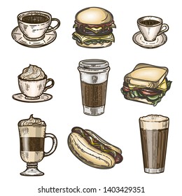 Vector hand drawn colorful set of latte, cappuccino, burger, hamburger, hotdog, frappe, espresso americano and americano in cup for take away isolated on white background. 