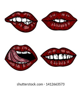 Vector hand drawn colorful set of lips and mouths in the engraving style isolated on white.