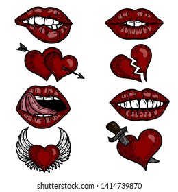 Vector hand drawn colorful set of pop art hearts and lips.Brocken heart, two hearts with arrow, heart with wings and heart punctured by sword, lips and mouth.