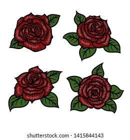 Vector hand drawn colorful set of roses in the engraving style on white background.
