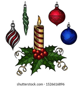 Vector hand drawn colorful set of Christmas decorations and candle with viburnum isolated on white background.