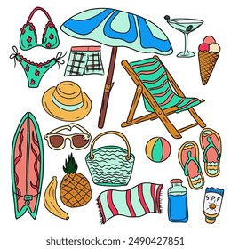 Vector hand drawn colorful set of beach holiday.  Summer tropical vacation.