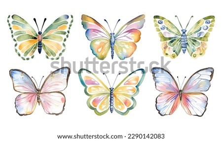 Vector hand drawn colorful set with pastel watercolor butterflies on white background