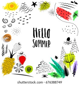 Vector hand drawn colorful  summer frame with lettering "Hello summer". Natural black patterns and structures and colored blots.